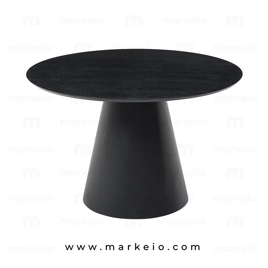 Table à manger noire Conik avec piètement conique central et finition mate.