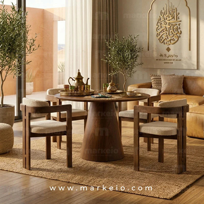 Table à manger ronde en bois foncé avec pied central sculptural et chaises design en tissu écru dans un intérieur marocain moderne – Markeio Maroc.