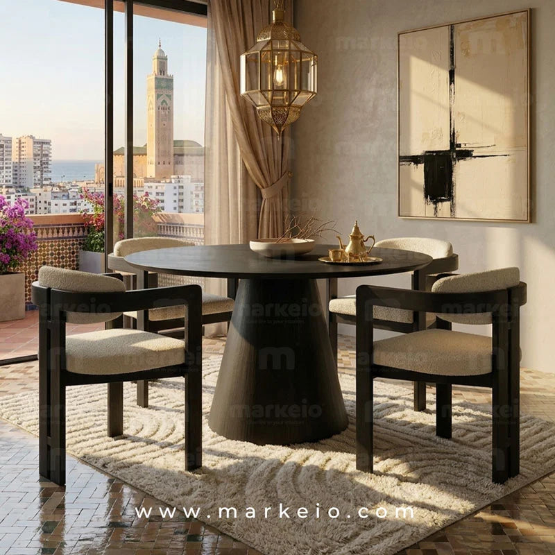 Salle à manger design moderne avec table ronde noire et chaises aux assises beige dans un intérieur lumineux.