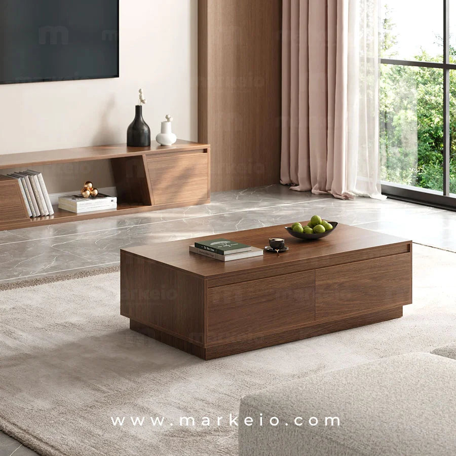 Table basse fonctionnelle avec 4 tiroirs invisibles signée Markeio.