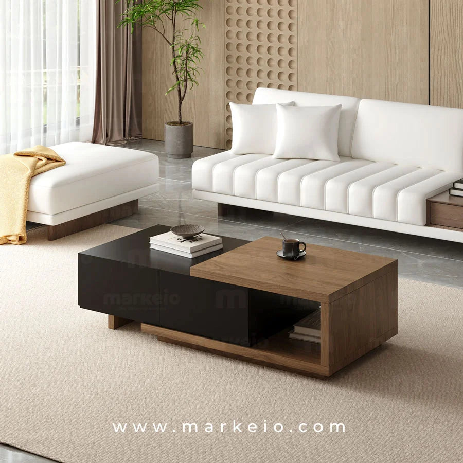 Table basse fonctionnelle et extensible pour intérieur chic au Maroc.