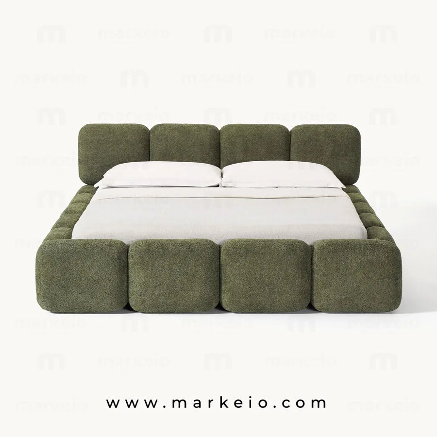 Détail de la tête de lit capitonnée à bulles pour un confort optimal