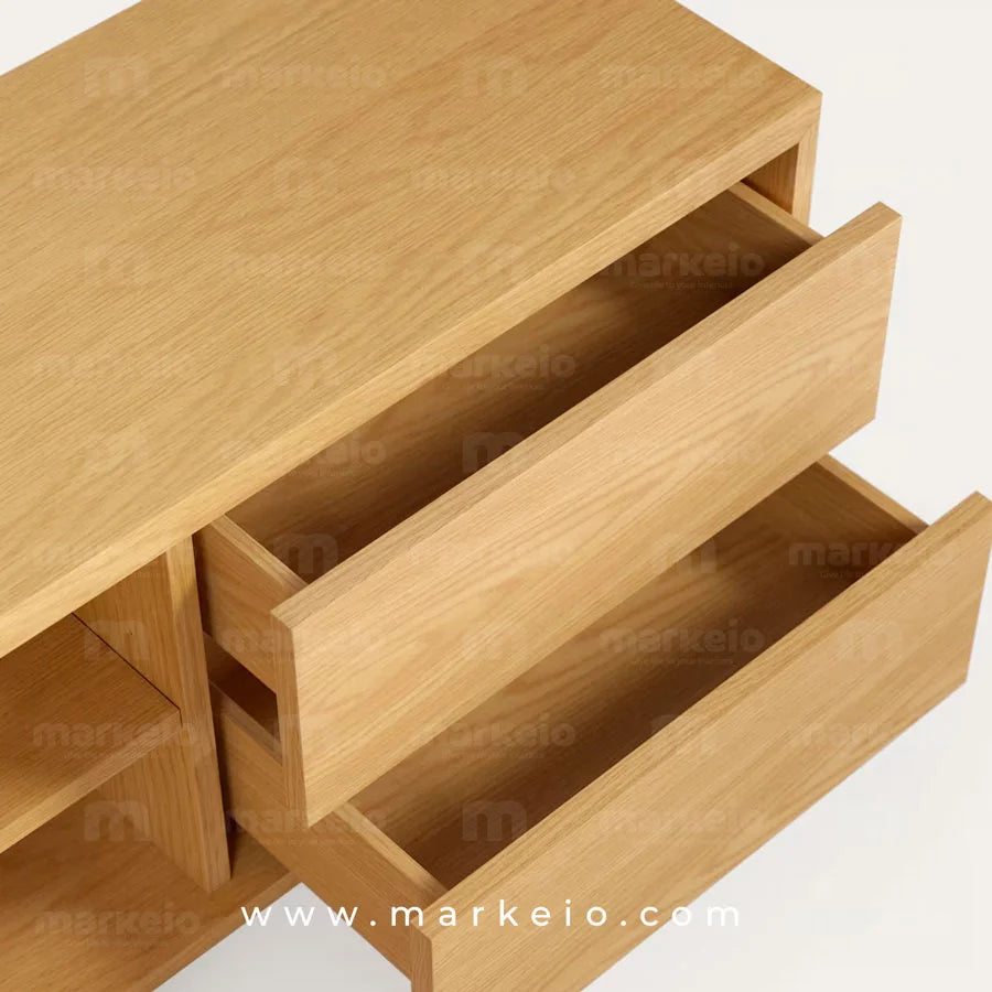 Détail des finitions artisanales du meuble TV Kleno en chêne.